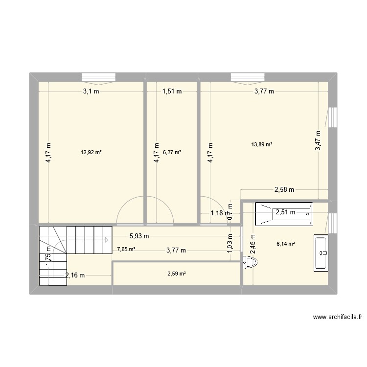 Etage 1. Plan de 6 pièces et 49 m2