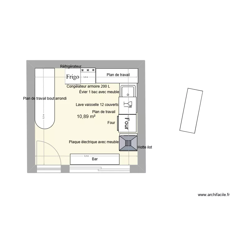 cusine. Plan de 1  et 11 m²