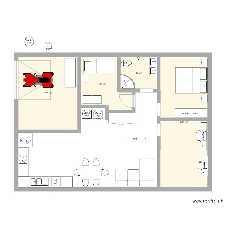plan maison plein pied R1. Plan de 4 pièces et 52 m2