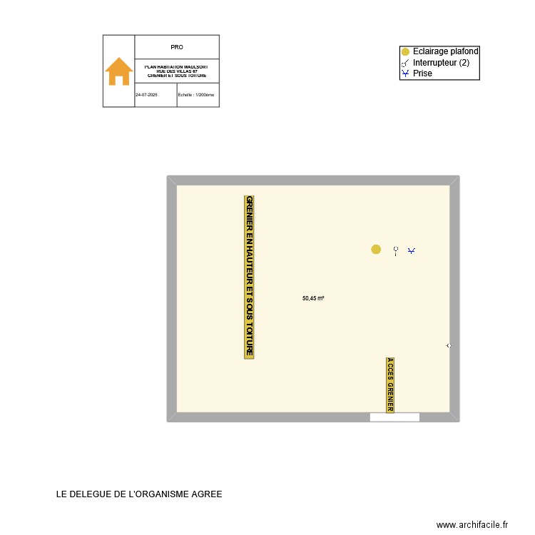 PLAN HABITATION DE WAULSORT GRENIER ET SOUS TOITURE. Plan de 1 pièce et 50 m2