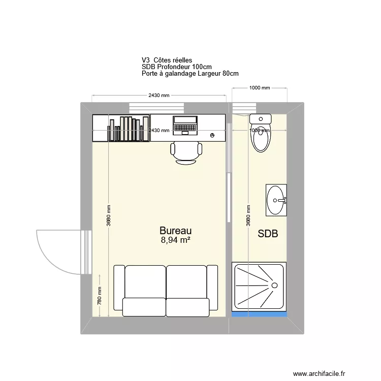 26 Massena // Bureau V1 C&ocirc;tes r&eacute;elles. Plan de 2  et 13 m²