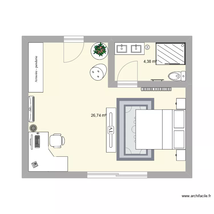 chambre d'h&ocirc;tel. Plan de 2 pièces et 31 m²