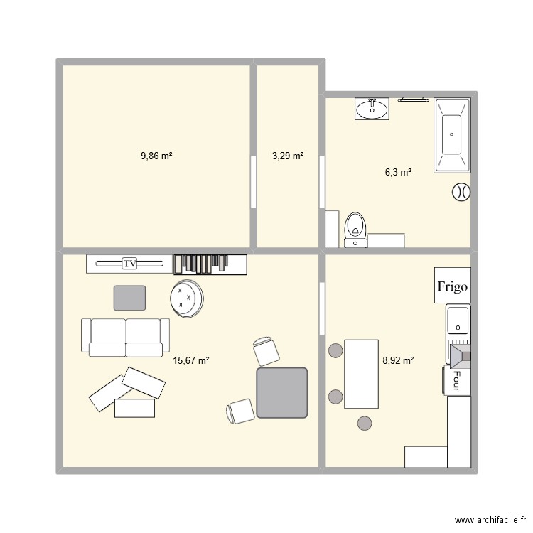 Layout cuisine, salon, salle de bain. Plan de 5 pièces et 44 m2