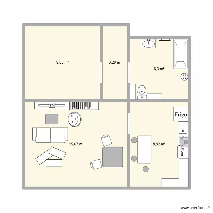 Layout cuisine, salon, salle de bain. Plan de 5  et 44 m²