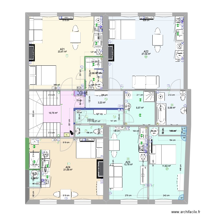 Bat-A-R+2. Plan de 14 pièces et 131 m2