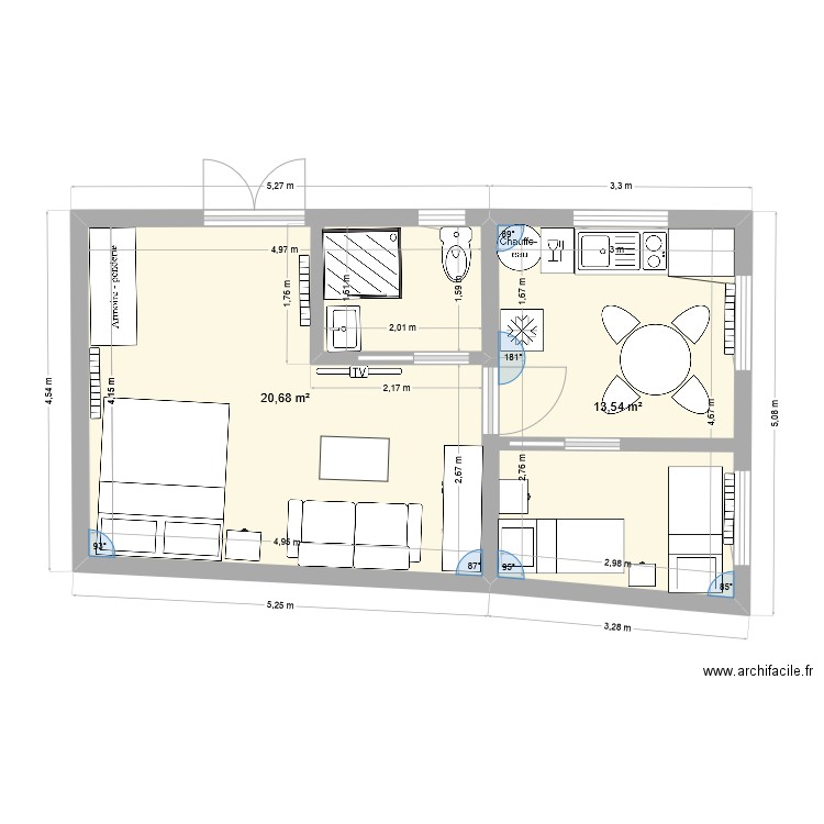 Chalet meublé. Plan de 2 pièces et 34 m2