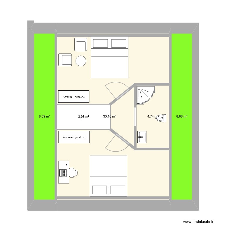 comble. Plan de 5 pièces et 57 m2