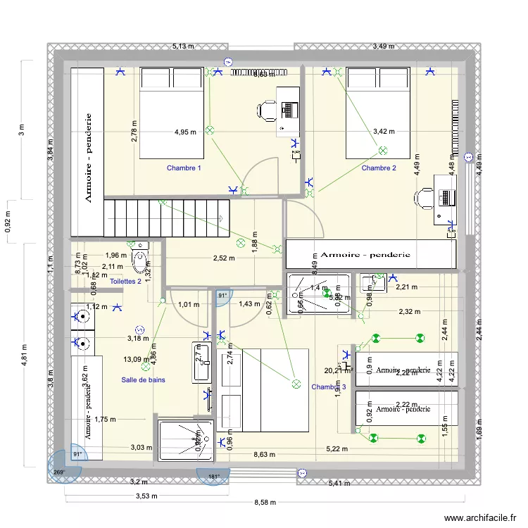 2e &eacute;tage rampants. Plan de 6  et 68 m²
