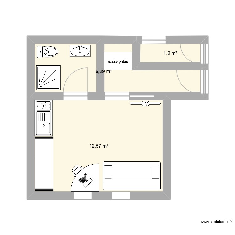 bureau actuel. Plan de 3 pièces et 20 m2