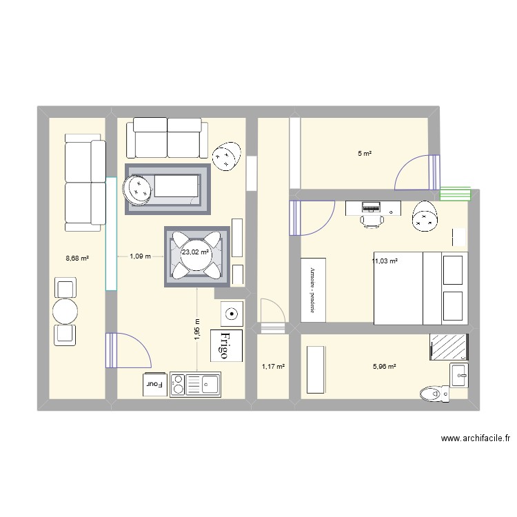 Appart 1. Plan de 6 pièces et 55 m2