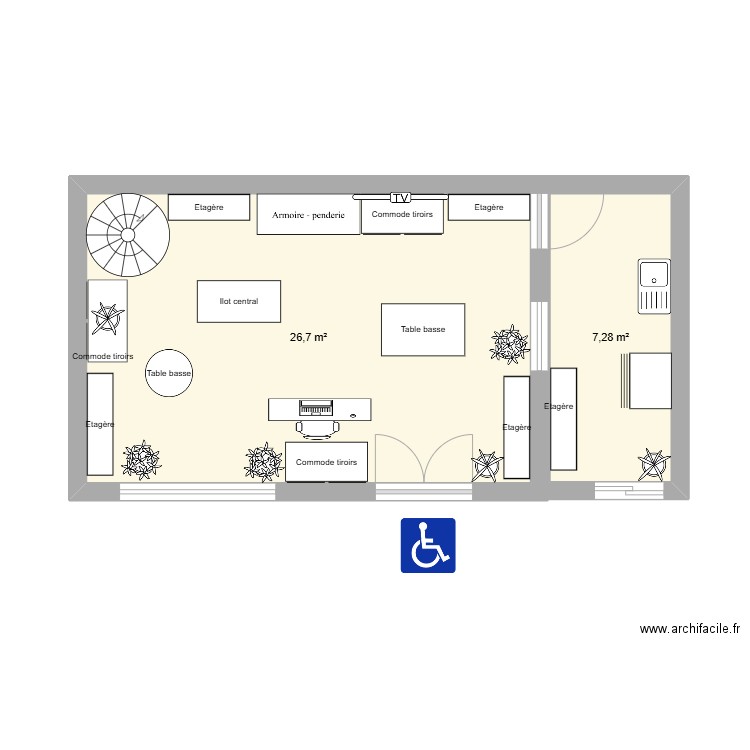 Régaltoi-amenagé. Plan de 2 pièces et 34 m2