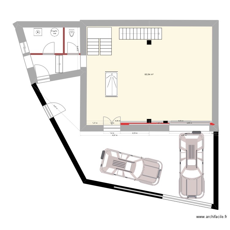 Plan RDC asymétrique. Plan de 1 pièce et 61 m2
