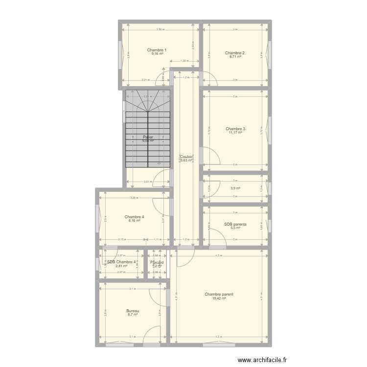 Plan distribution R+1 Martyrs. Plan de 12 pièces et 97 m2