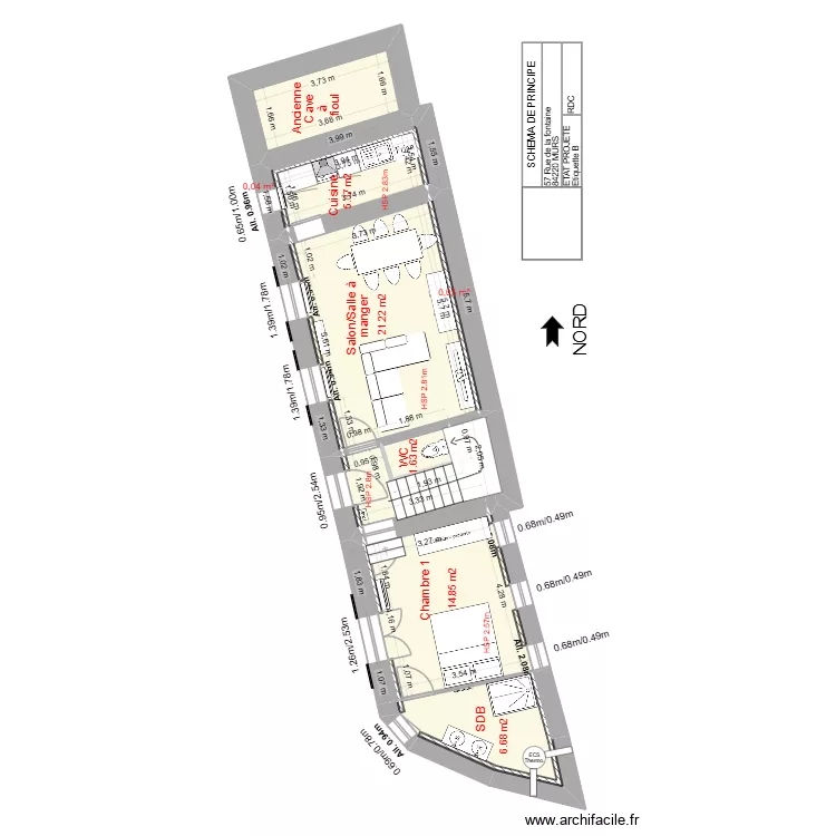Logement MURS Apr&egrave;s travaux. Plan de 16  et 111 m²