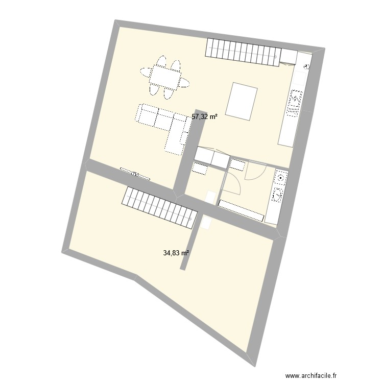 Mey vide. Plan de 2 pièces et 92 m2
