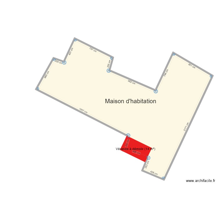 Démolition véranda. Plan de 1 pièce et 390 m2