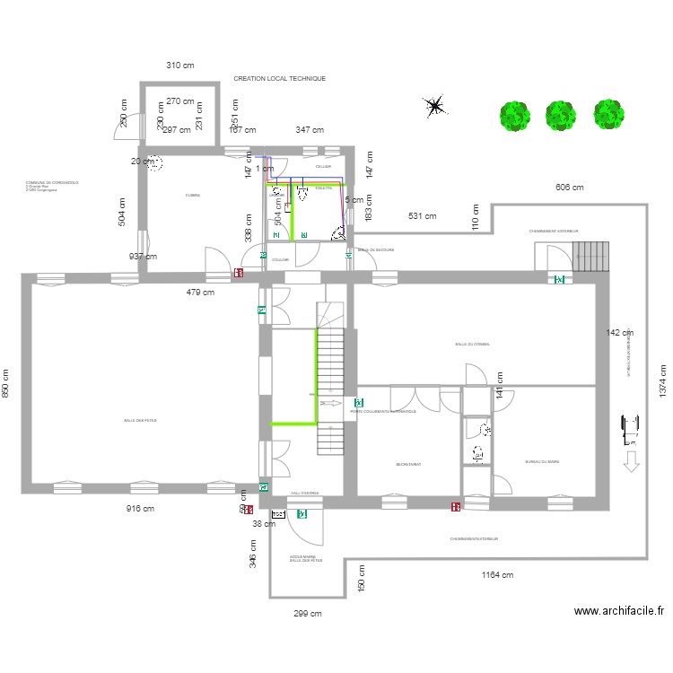 Local technique. Plan de 17 pièces et 266 m2