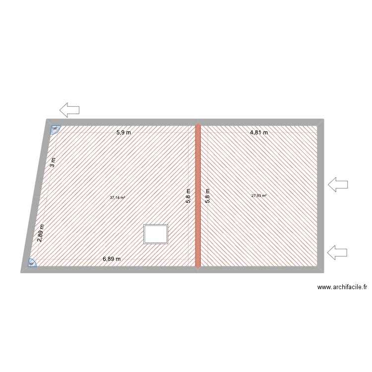 toit avant. Plan de 2 pièces et 65 m2