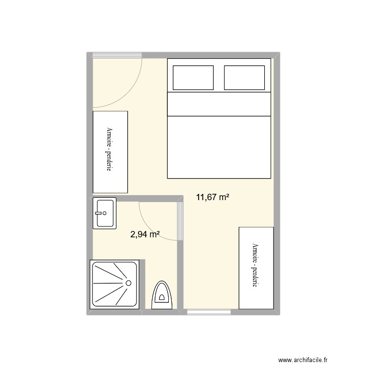 chambre adounko. Plan de 2 pièces et 15 m2