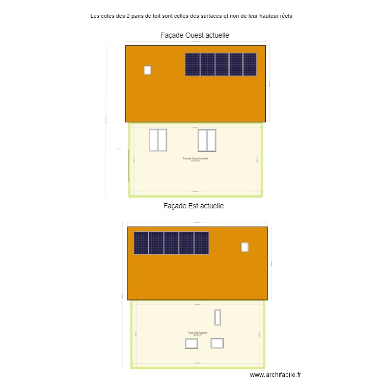 Plan de facade et toiture. Plan de 2 pièces et 97 m2