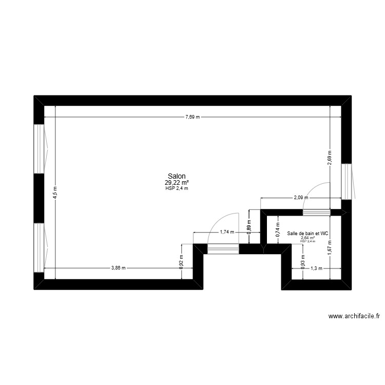 La Fouillouse 1er étage Droite. Plan de 2 pièces et 32 m2