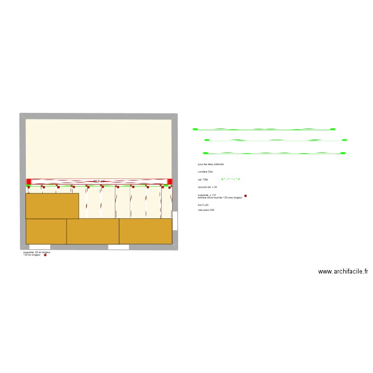 rdc Sonnac salon  pose rail et plafond ba13. Plan de 1 pièce et 41 m2