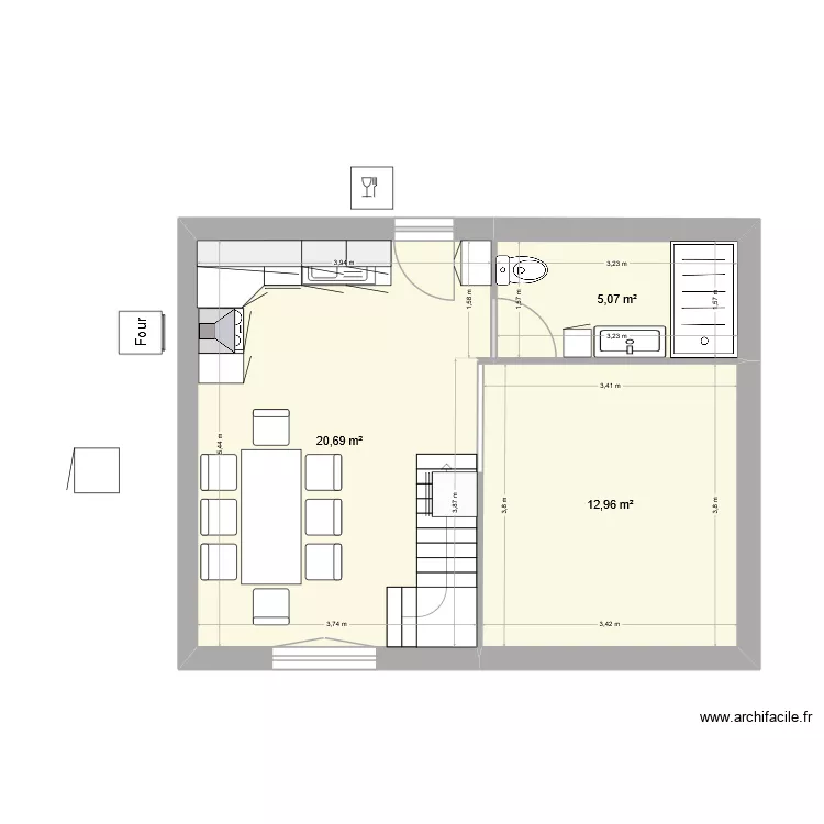 G1 rdc. Plan de 3  et 39 m²