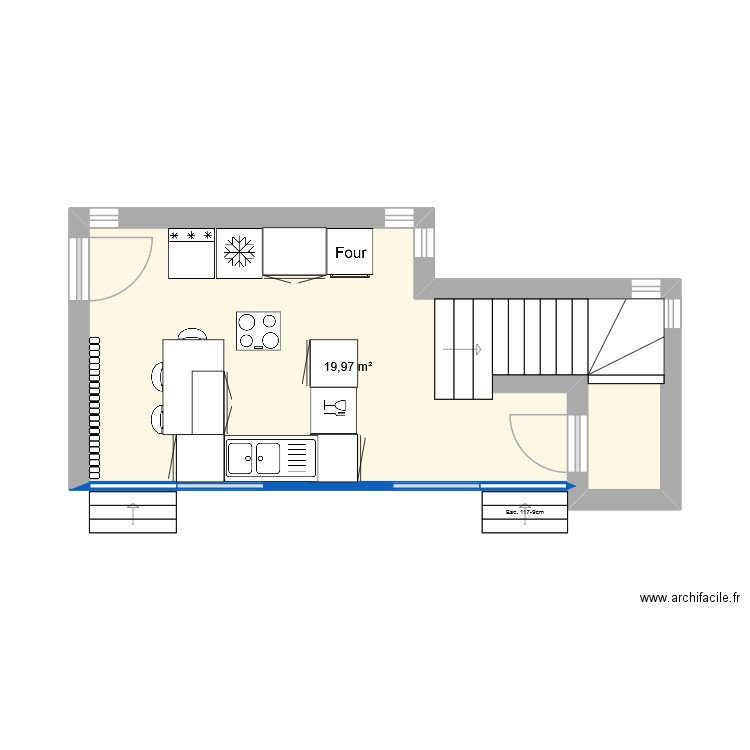 cuisine estrade. Plan de 1 pièce et 20 m2