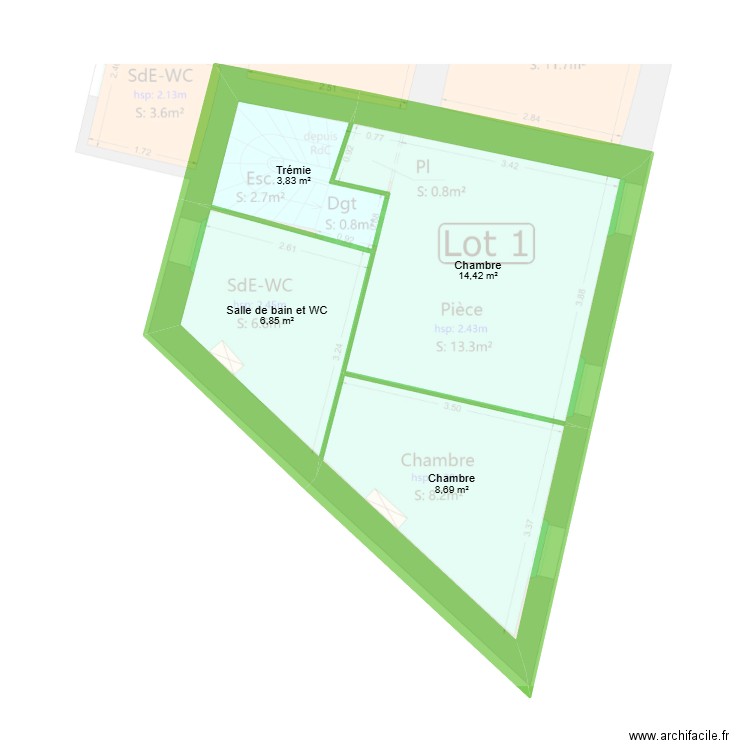 LOT 1 étage les Moulins. Plan de 4 pièces et 34 m2