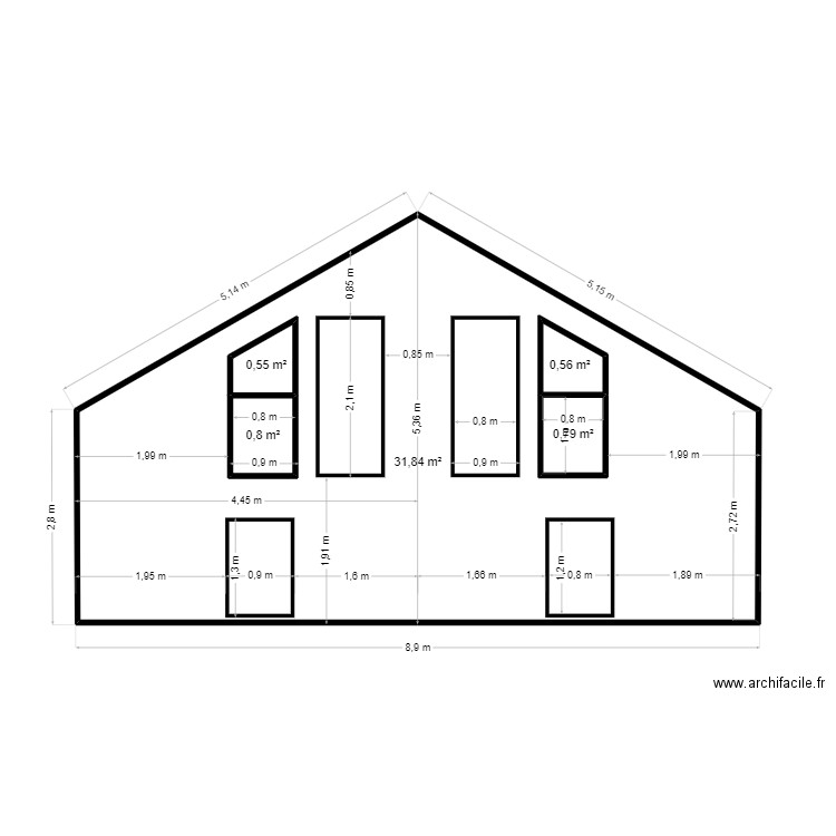 Façade pignon EST. Plan de 5 pièces et 38 m2