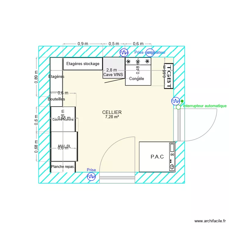 CELLIER. Plan de 1  et 7 m²