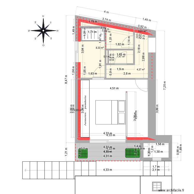 sauze. Plan de 9 pièces et 32 m2