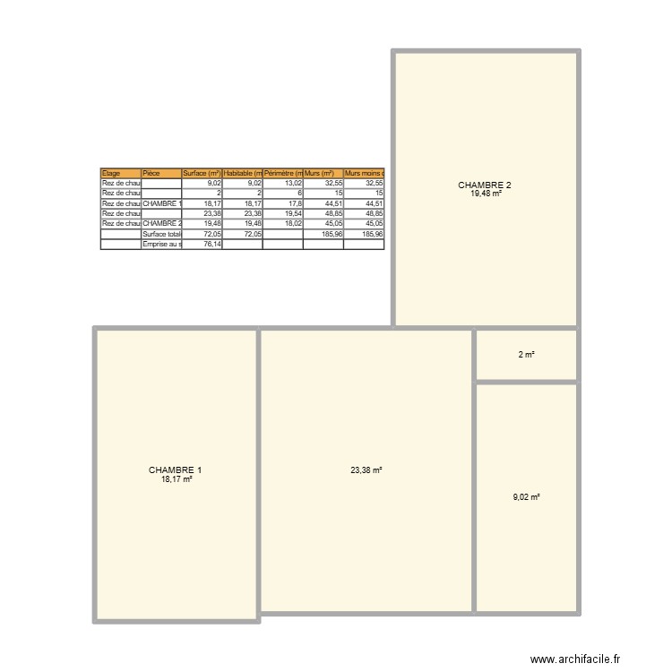 T3 R+2. Plan de 5 pièces et 72 m2