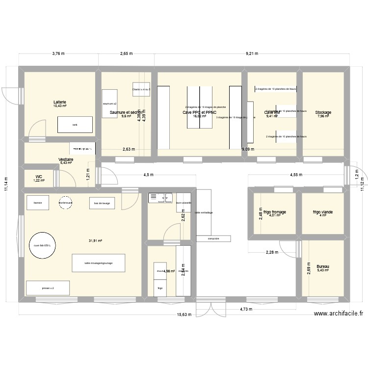 Fromagerie. Plan de 12 pièces et 110 m2