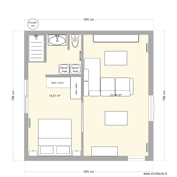 Extension St Hi. Plan de 2 pièces et 42 m2