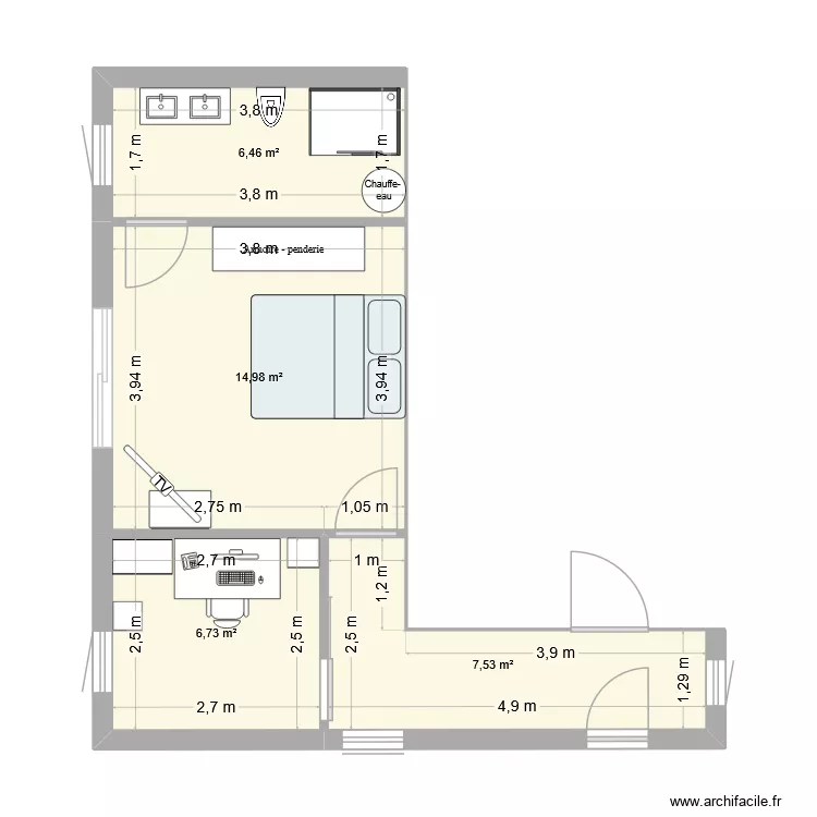 extension. Plan de 4 Pièces et 36 m²