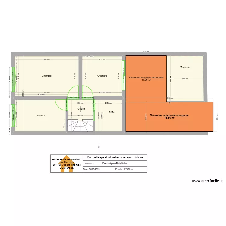 Plan de l'&eacute;tage et toiture bac acier avec cotations. Plan de 