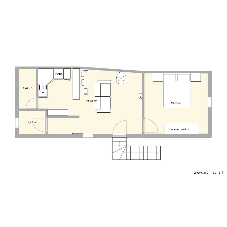 studio principal amenagé. Plan de 4 pièces et 40 m2