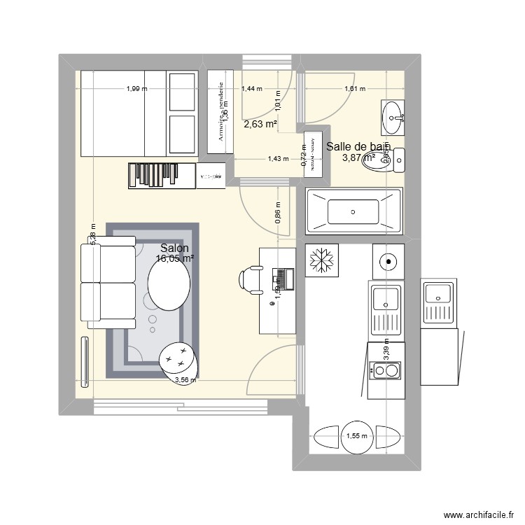 Studio CHU. Plan de 3 pièces et 23 m2