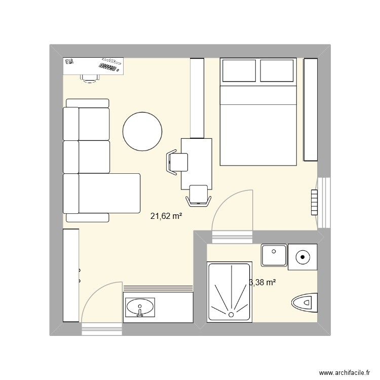 Plan studio 26m². Plan de 2 pièces et 25 m2