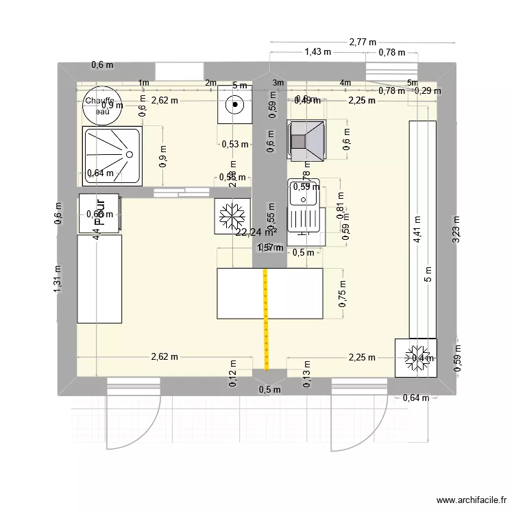cuisine. Plan de 1  et 22 m²