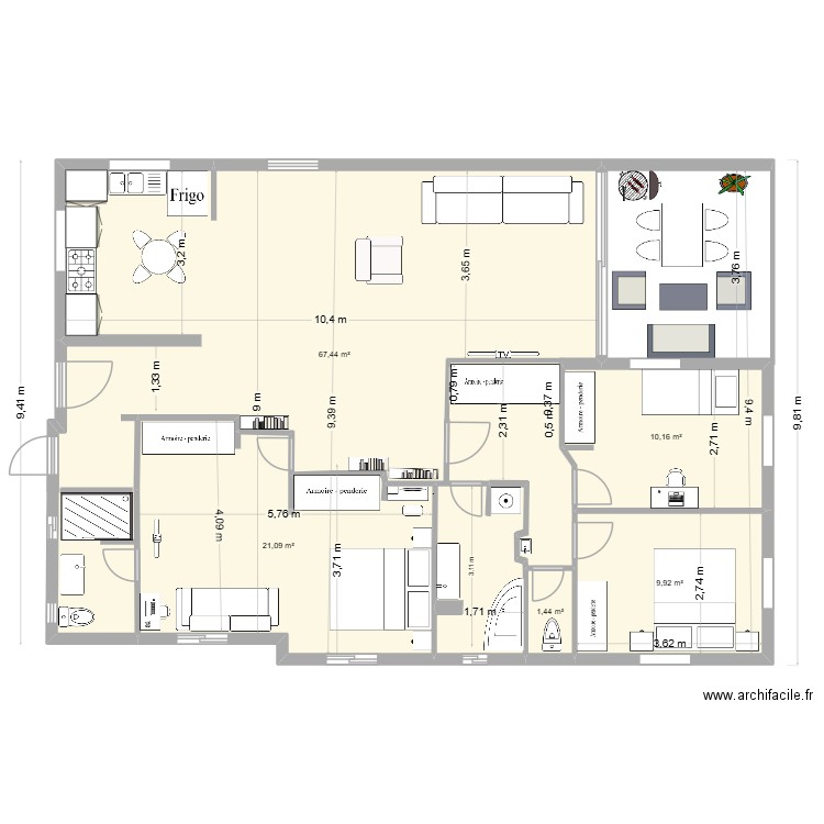 1ETAGE DEF2 sans mur. Plan de 5 pièces et 110 m2