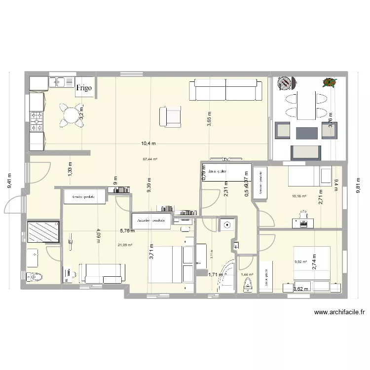 1ETAGE DEF2 sans mur. Plan de 5 pièces et 110 m²