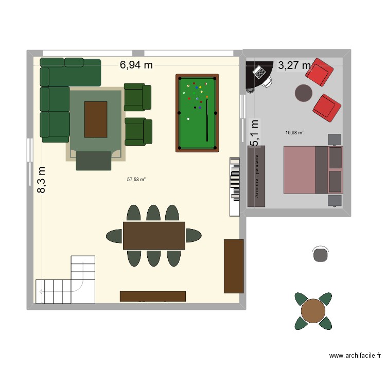 1er essai. Plan de 2 pièces et 74 m2