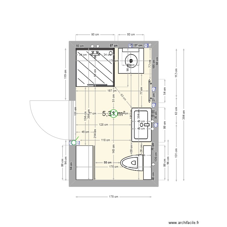 Salle de bain PM 8 douche carré 90x90 . Plan de 1 pièce et 5 m2