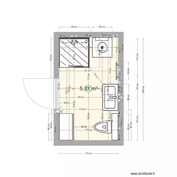 Salle de bain PM 8 douche carr&eacute; 90x90 . Plan de 