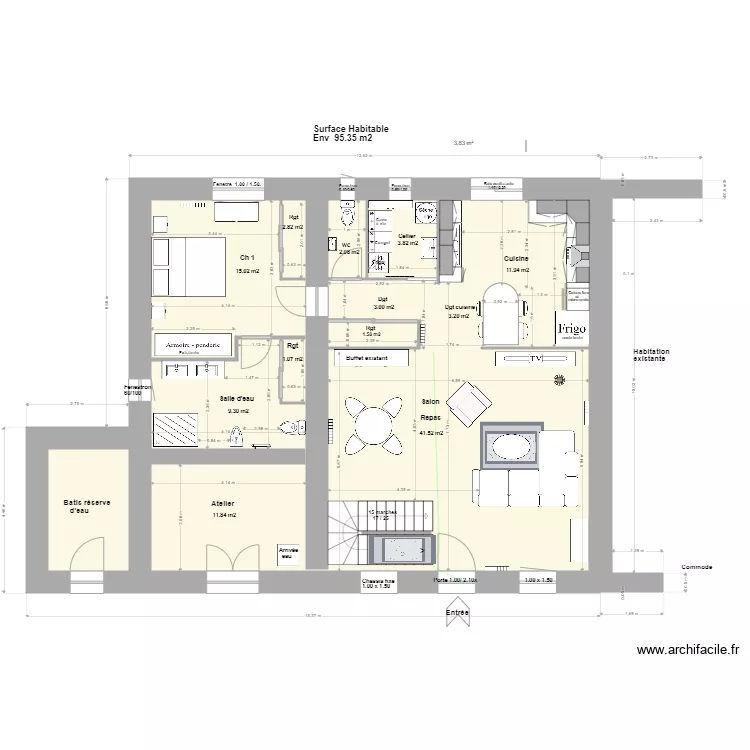 Loft Agrandissement R de C+1m Modif fenetres. Plan de 