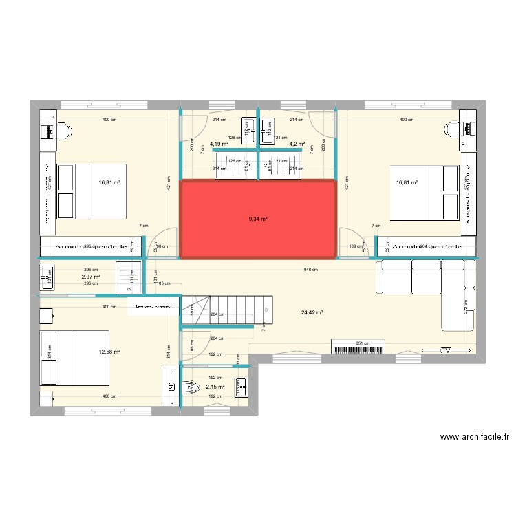 BOUTEAU R+1 V2. Plan de 9 pièces et 93 m2