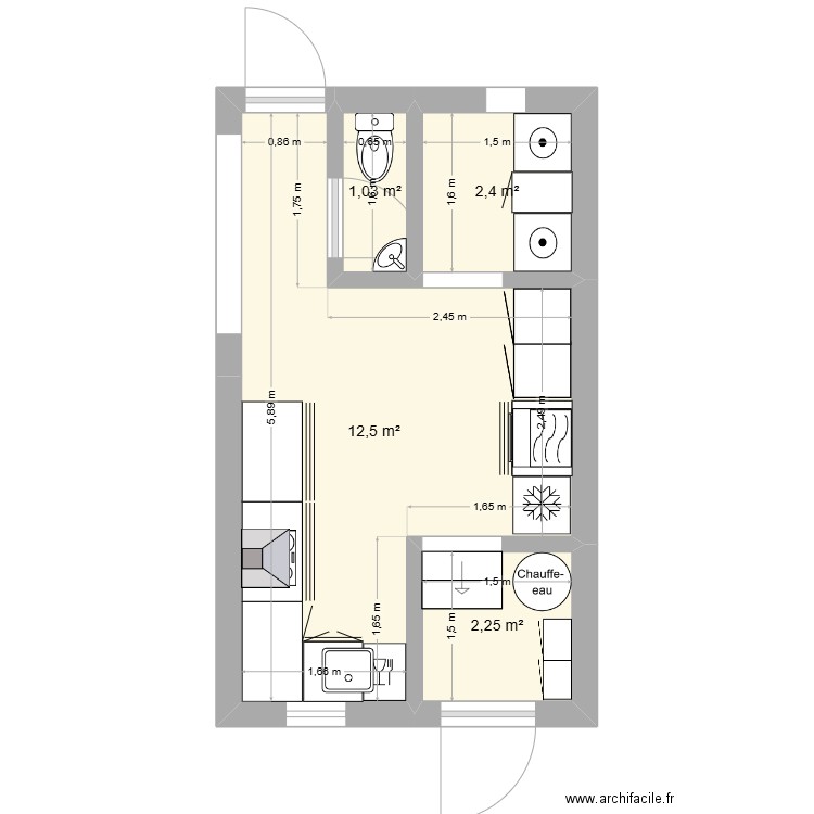 nouvelle cuisine. Plan de 4 pièces et 18 m2