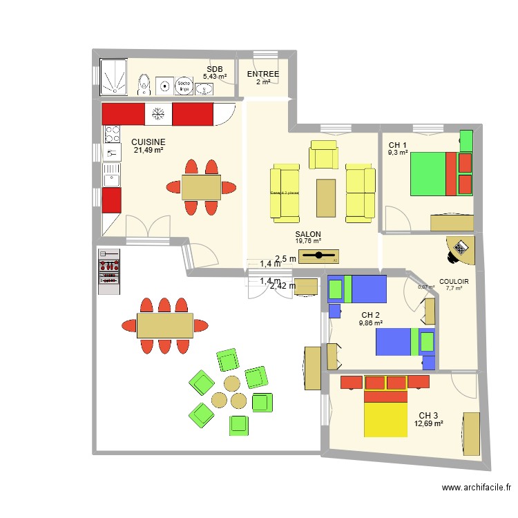 Pietra avec meubles. Plan de 9 pièces et 88 m2